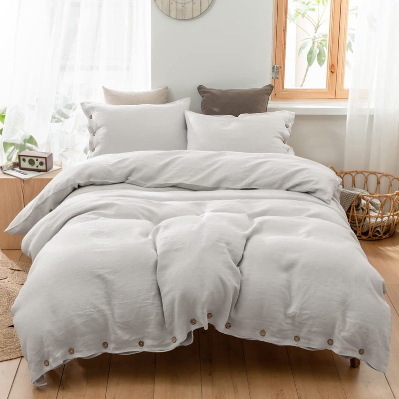 Simple&Opulence 100% Washed Linen Duvet Cover, 3 Pieces Natural Flax French Country Bedding Set, Breathable Farmhouse Comforter Cover with Coconut Button Closure(King,Grey) - Image 5